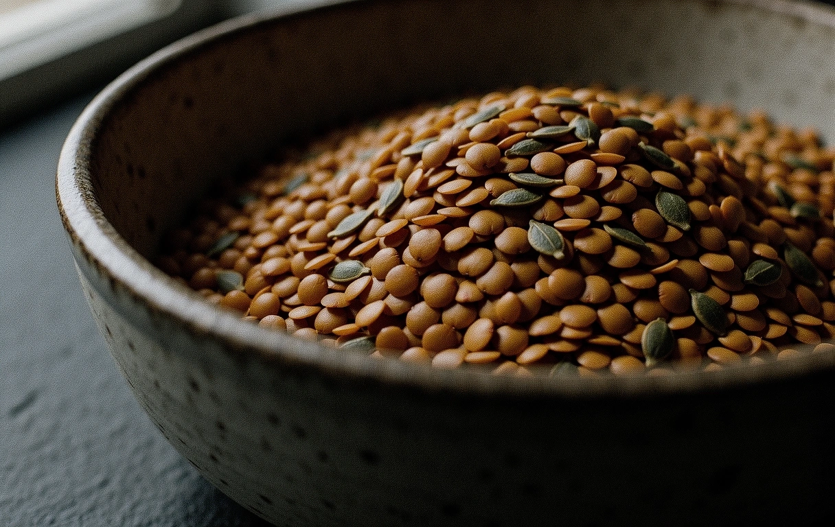 Gros plan sur des lentilles et graines